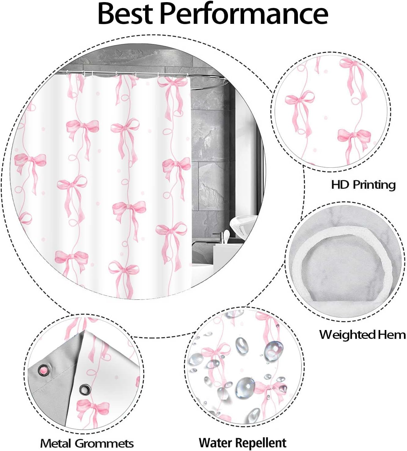 Pink Bow Shower Curtain, Girly Cute Coquette Preppy Aesthetic for Teens Girls Bathroom Decor Curtains with 12 Hooks, 72x72 inches