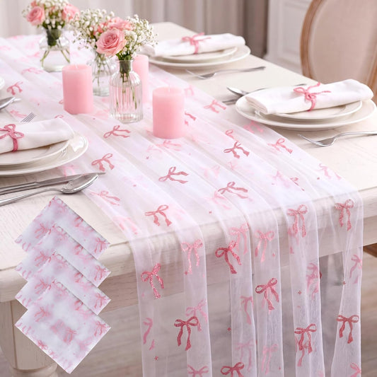 4 Pcs Pink Bow Table Runners 29 x 70 Inch White Tulle Lace Table Runner Coquette Bow Tablecover for Wedding Birthday Baby Shower Valentine's Home Decor