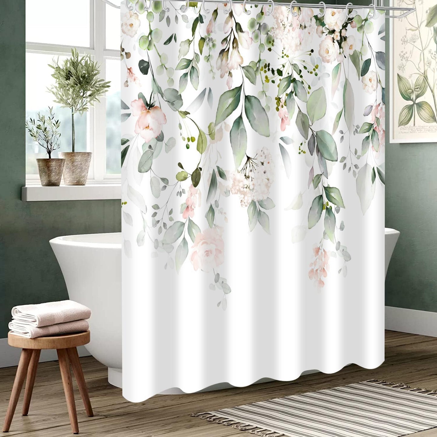 Spring Shower Curtain, Sage Green Eucalyptus Leaf Pink Watercolor Floral Botanical Plants Bathroom Curtain Waterproof Fabric Machine Washable with Hooks, 72" Wx72 L