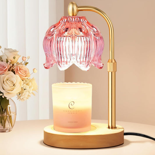 Adjustable Flower Candle Warmer Lamp with Timer, Mothers Day Gifts for Women Mom, Lotus Tulip Glass Warmer Light for Jar Candles, Electric Wax Warming Melter, Vintage Bedroom Decor (Pink)