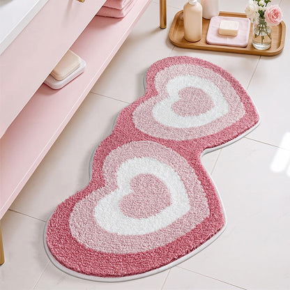 Cute Heart Bath Mat, Red Pink Warm Color Girls' Bathroom Rug, Fluffy and Soft, Anti Slip, High Absorbent, Easy to Clean, Machine Washable for Tub, Shower Mat, 19.7" x 39.4", Heart to Heart