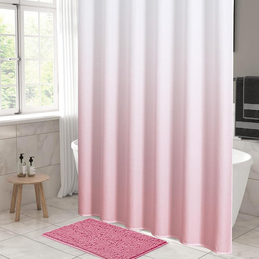 MitoVilla Extra Long Shower Curtain 72 x 84, Pink Ombre 84 inch XL Waffle Fabric Shower Curtains for Modern Luxury Bathroom Decor, Waffle Weave Textured 180GSM Weighted Shower Curtain 84 inch