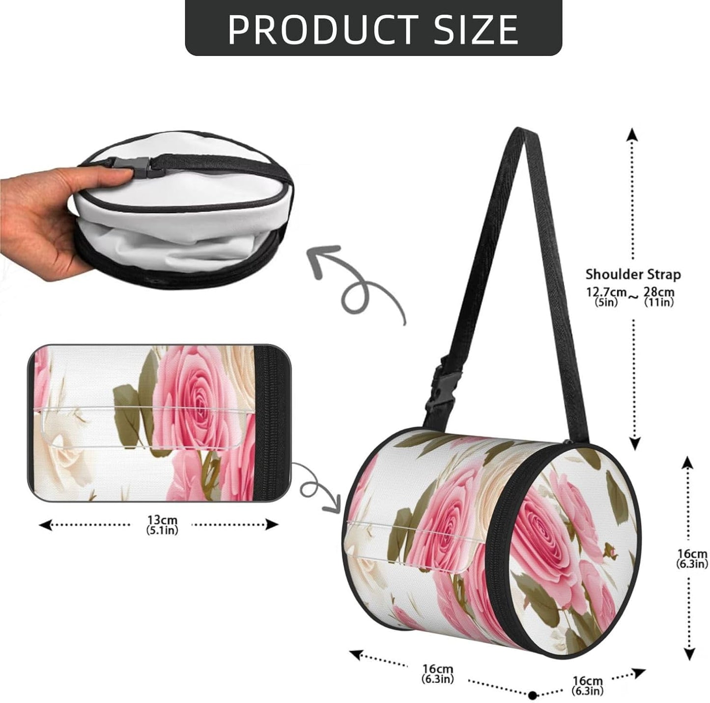 Oxford Cylinder Tissue Holder, Round Tissue Container Pink White Rose Flower - 6.3''X6.3'' Portable Toilet Paper Roll Cover Tissue Box for Home Car Camping Office Travel
