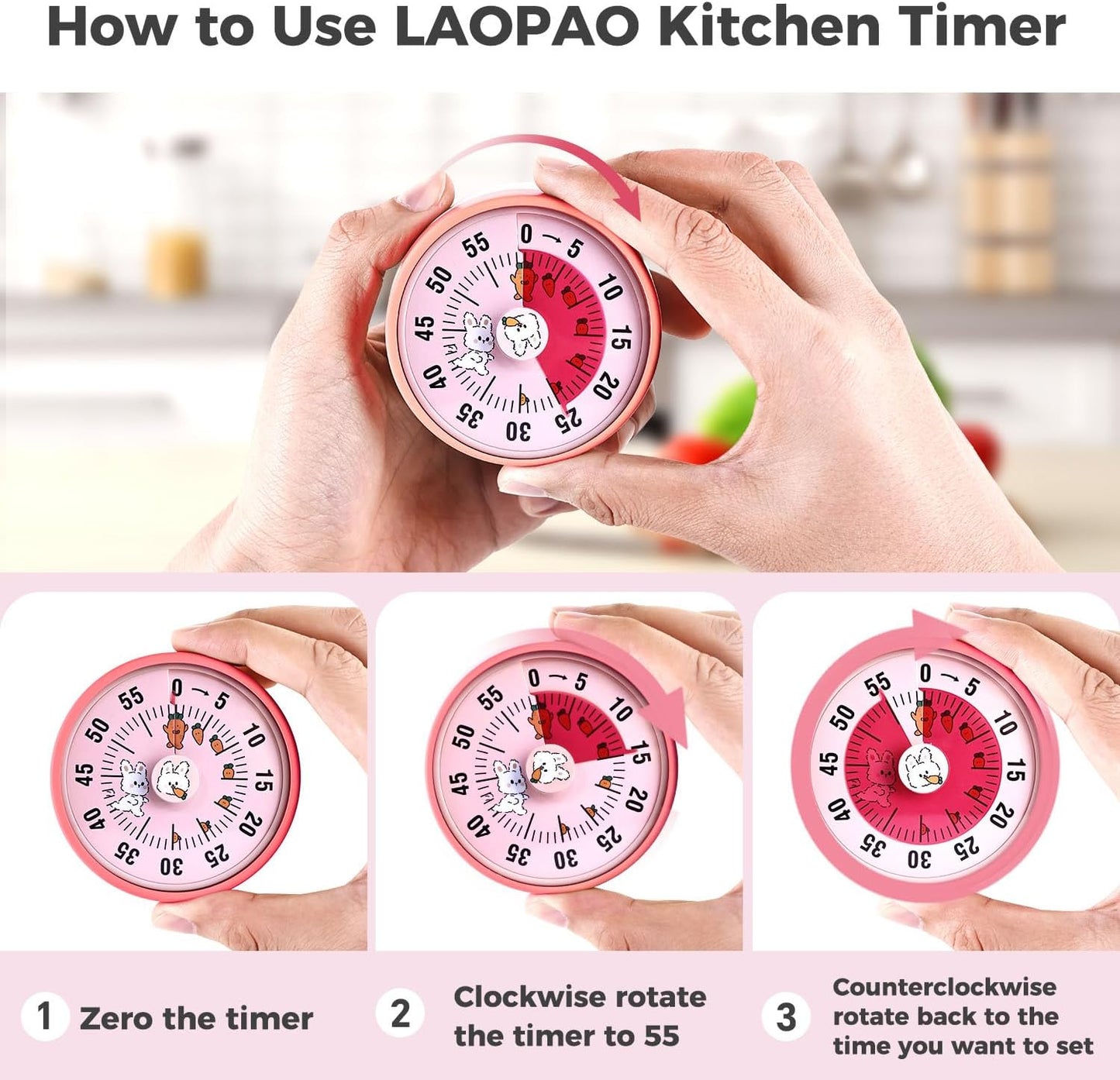 Kitchen Timer, Kitchen Countdown Cooking Reminder No Battery Required Magnetic Time Management Timer, Pink