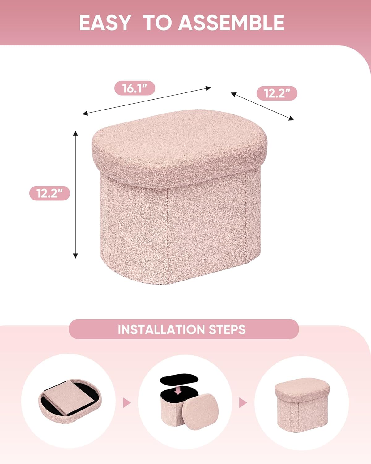 B FSOBEIIALEO Storage Ottoman for Dorm Room, Boucle Folding Storage Ottoman Foot Rest, 16.14 Inches Small Collapsible Ottoman Cube for Living Room Pink
