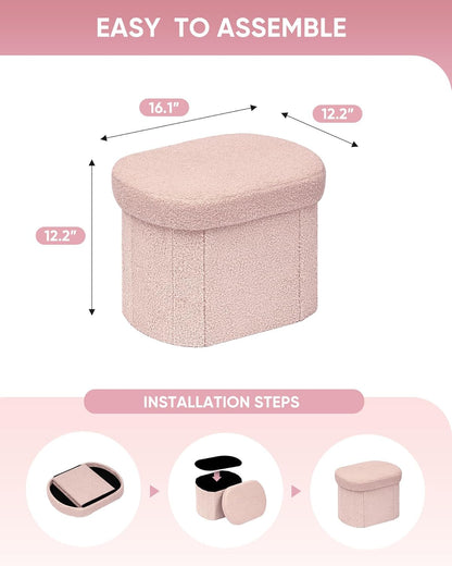 B FSOBEIIALEO Storage Ottoman for Dorm Room, Boucle Folding Storage Ottoman Foot Rest, 16.14 Inches Small Collapsible Ottoman Cube for Living Room Pink