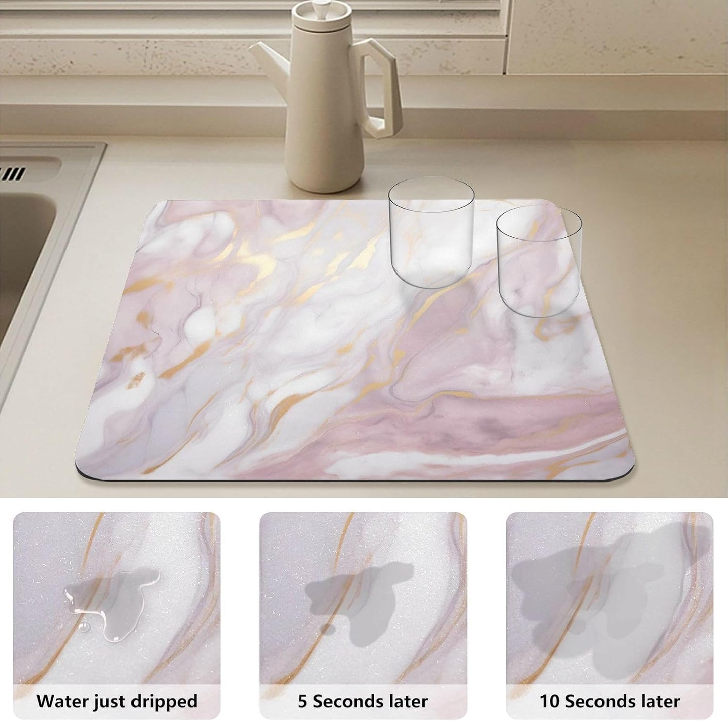 Pink Marble Dish Drying Mat for Kitchen Counter Absorbent Microfiber Small Drying Pad Dish Mats for Kitchen Countertops 15.7x11.8 Inch