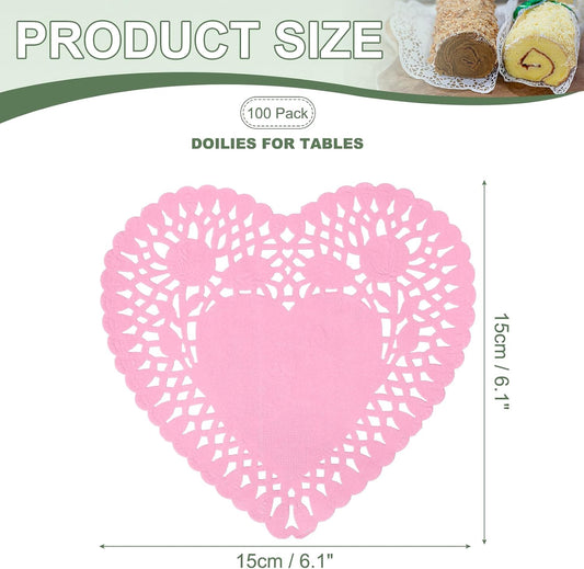 Paper Doilies, Heart Paper Lace Doilies Disposable Placemats Modern Tableware Decorative Bulk -Fitting for (Cakes/Desserts/Baked Grilled Fried Food) 6 Inch & 100 Pack & Pink