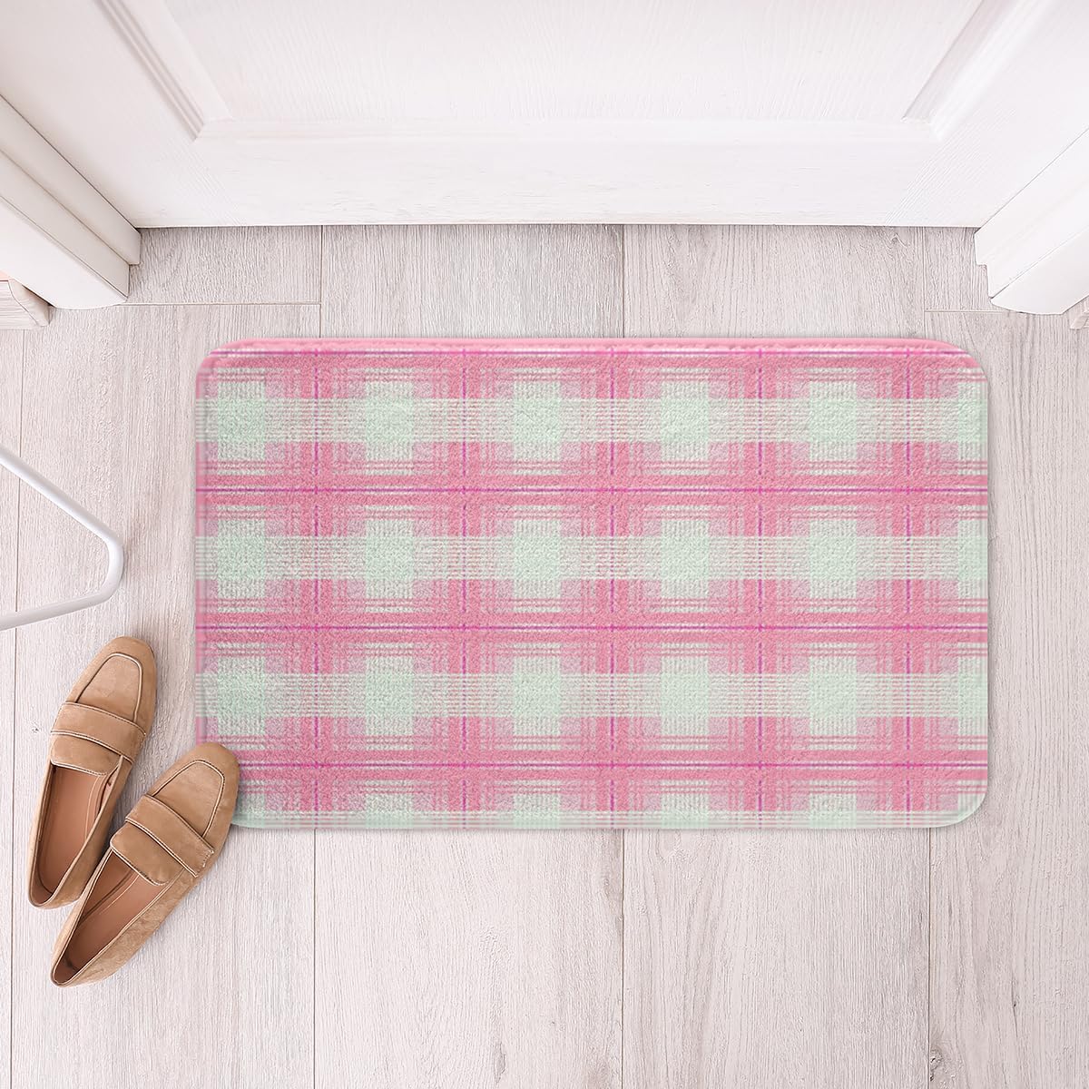 Manfei Pink Plaid Bath Mats Geometric Grid Checkered Bathroom Mats Rugs,Abstract Lattice Square Bath Carpets,Kids Boys Girls Room Decor,Non Slip Absorbent Plush Floor Rugs, 16Wx24L Inches
