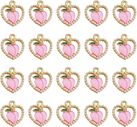Cute Pearl Love Peach Fruit Charm Alloy Enamel Charm 20 Pcs Sweet Style Decoration Charms Accessories Making Earring Necklace Bracelet Keychains Pendant
