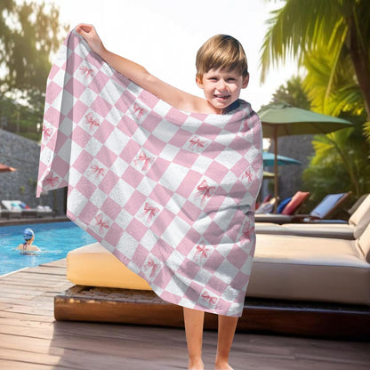 Pink Coquette Bow Checkered Beach Towel, Preppy Beach Towels Oversized Gifts for Women, Girly Aesthetic Checkered Dry Travel Sand Free Towel Decor for Bathroom Swimming Pool 30x60in