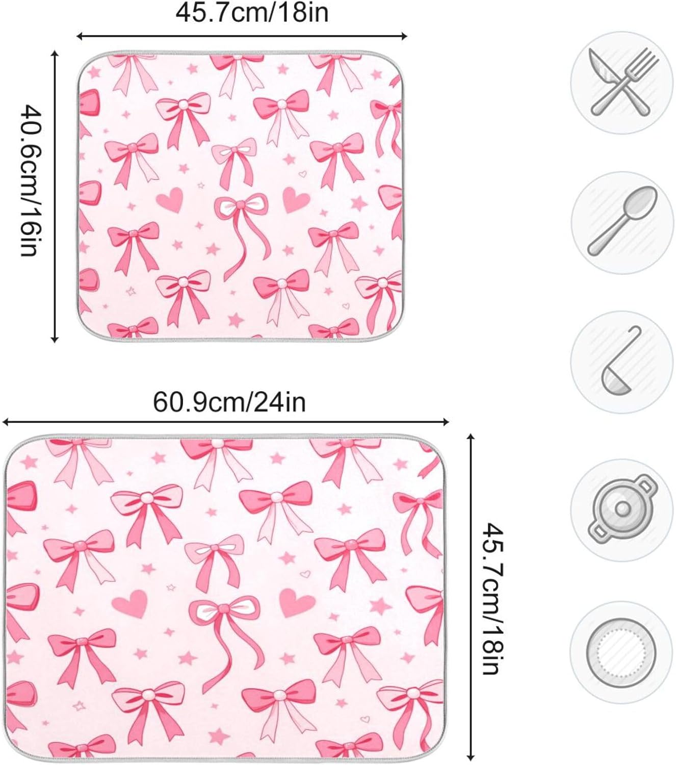 Kcldeci Pink Bows Heart Dish Drying Mat Kitchen Counter Mat Draining Mat Kitchen Accessories Dish Rack Pad for Dishes, Utensils, Countertops, Sinks 18x24in