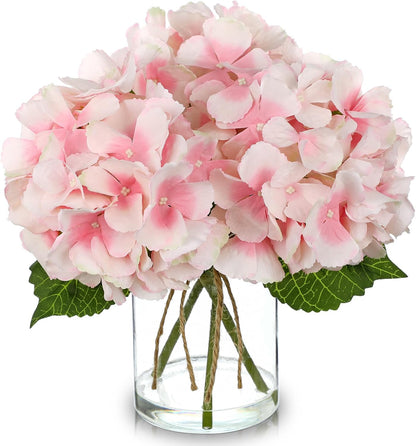 DILATATA Hydrangea Artificial Flowers with Glass Vase, Pink Real Touch Silk Hydrangea Arrangement with Faux Water, Small Faux Floral Centerpiece for Home Decor, Wedding, Bathroom, Shelf, Coffee Table
