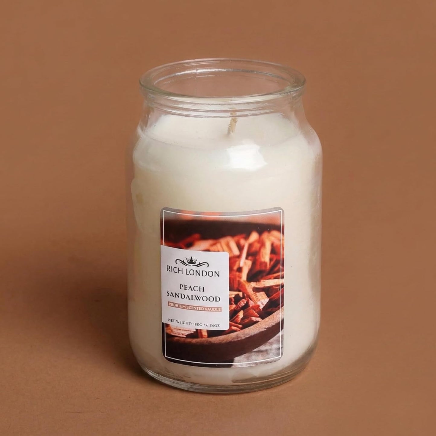 Rich London Peach Sandalwood Jar Candle – Highly Scented Soy Wax Candle with Cotton Wick & Essential Fragrance Oils for Relaxing Aromatherapy, Home Décor & Gifting