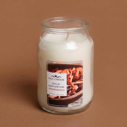 Rich London Peach Sandalwood Jar Candle – Highly Scented Soy Wax Candle with Cotton Wick & Essential Fragrance Oils for Relaxing Aromatherapy, Home Décor & Gifting