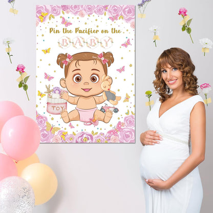Pin The Pacifier On The Baby Game, Pink Baby Shower Decoration Pin Pacifier on Baby Poster Butterfly Theme Decor with 48 Pacifier Stickers Game for Baby Shower Party Birthday Party Supplies