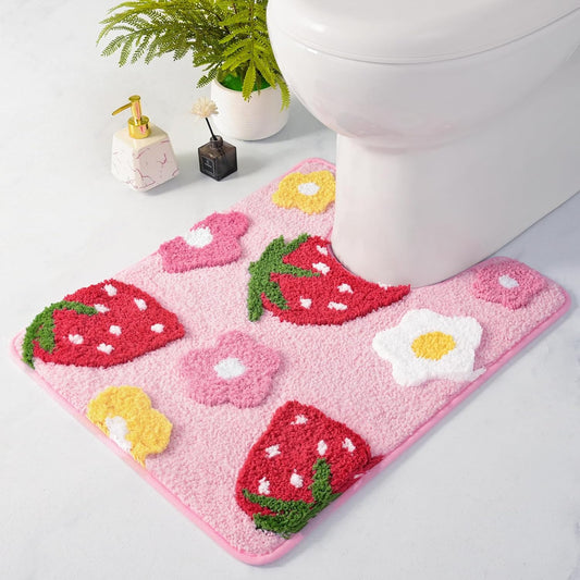 Anybar U-Shaped Toilet Rug 20x24'' - Super Soft Absorbent Bathroom Mat with Cute Strawberry & Flower Design, Non-Slip Quick-Dry Washable Contour Rug for Toilet, Bath Mats for Bathroom Decor（Pink）