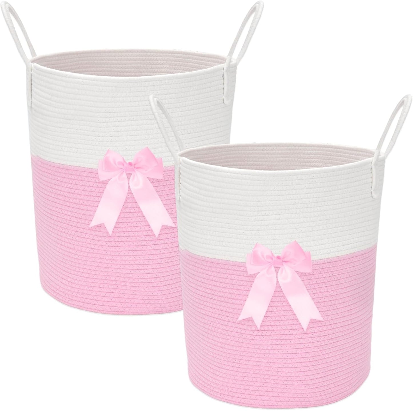 2 Pack Pink Laundry Basket with Bow 15" x 17.7" Large Woven Clothes Storage Basket Cotton Rope Nursery Hamper Bin Cute Toy Storage Bin for Nursery, Bathroom & Bedroom Organizer