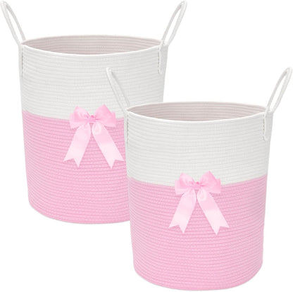 2 Pack Pink Laundry Basket with Bow 15" x 17.7" Large Woven Clothes Storage Basket Cotton Rope Nursery Hamper Bin Cute Toy Storage Bin for Nursery, Bathroom & Bedroom Organizer