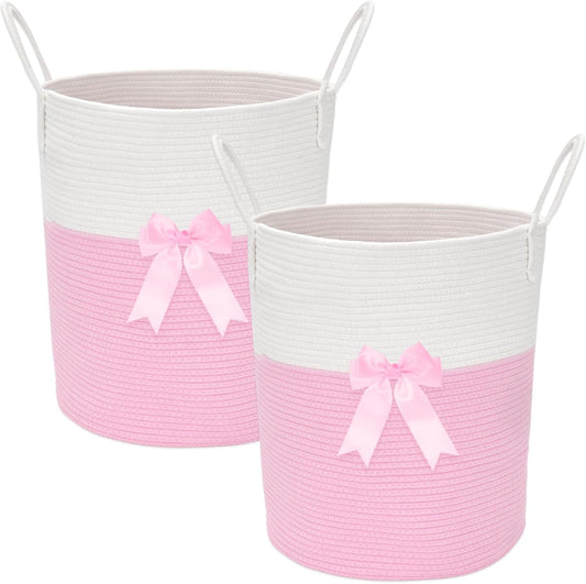 2 Pack Pink Laundry Basket with Bow 15" x 17.7" Large Woven Clothes Storage Basket Cotton Rope Nursery Hamper Bin Cute Toy Storage Bin for Nursery, Bathroom & Bedroom Organizer
