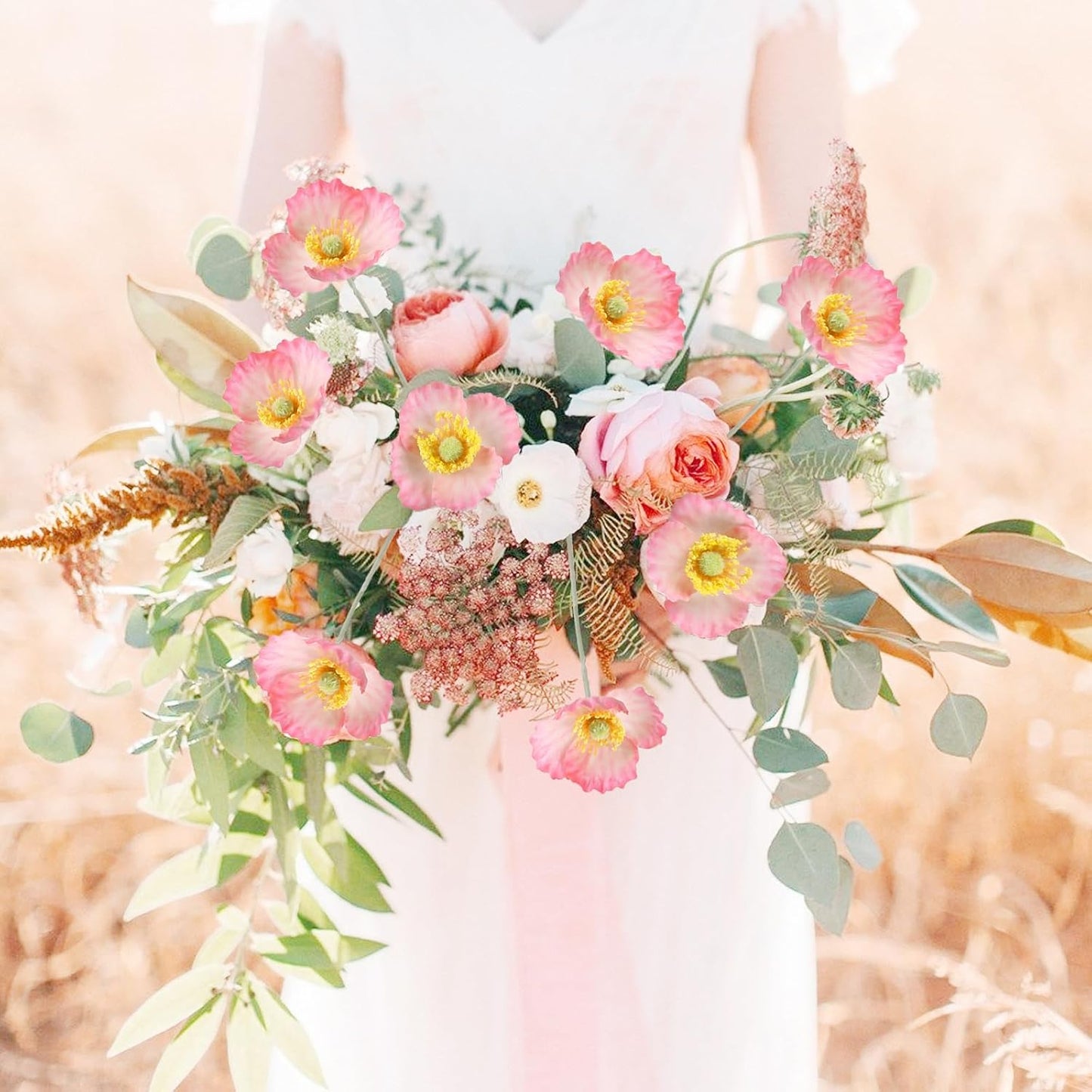 32 Heads Pink Poppy Flowers Artificial 8PCS Silk Flowers Faux Poppies with Stems for Floral Arrangements Home Wedding Dining Table Party Garden Decoration (Pink)