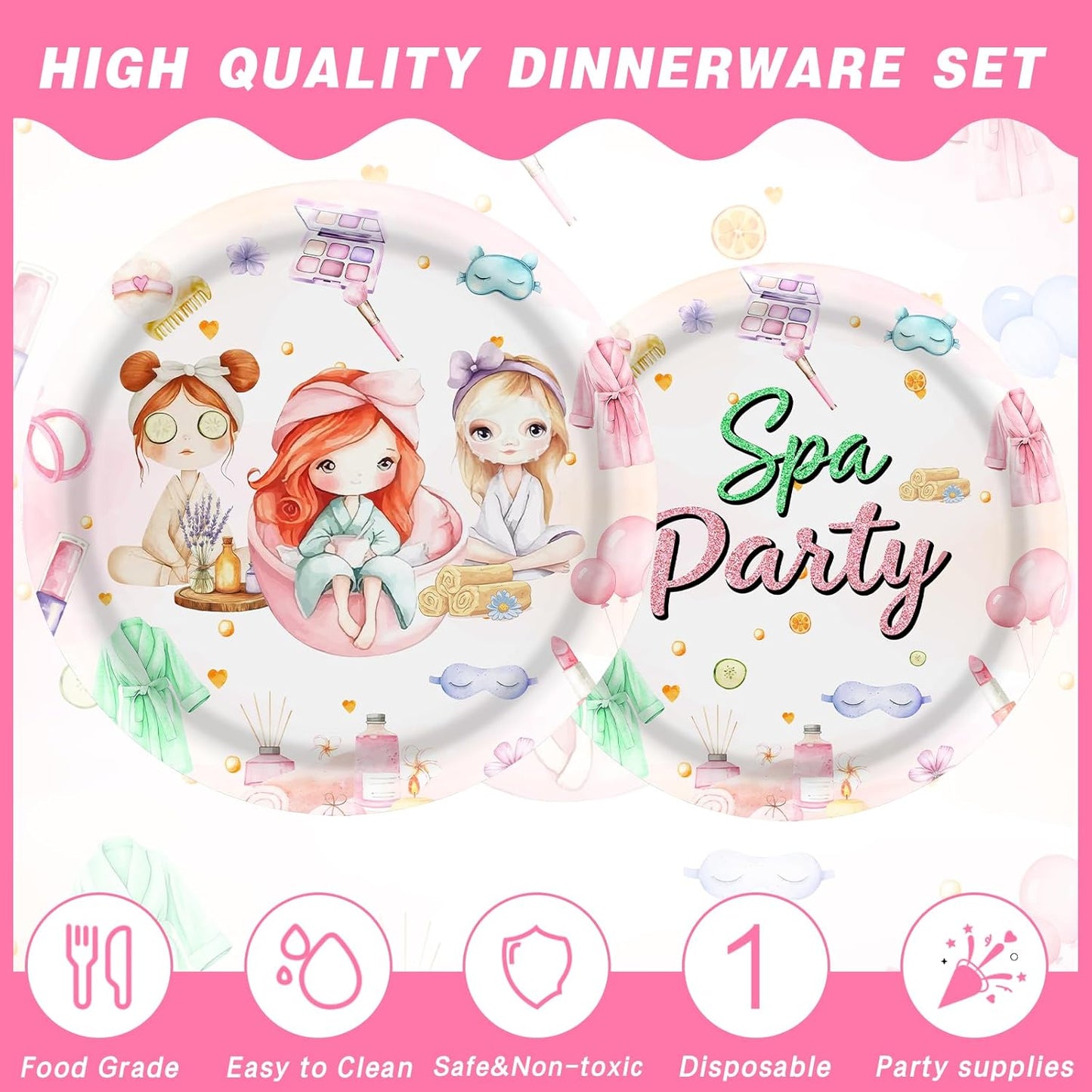 140PCS Spa Party Supplies Pink Makeup Themed Birthday Party Decorations for Girls Child Kids Slumber Sleepover Pajama Tableware Set Plates Napkins Cups Forks Knives for 20 Guests