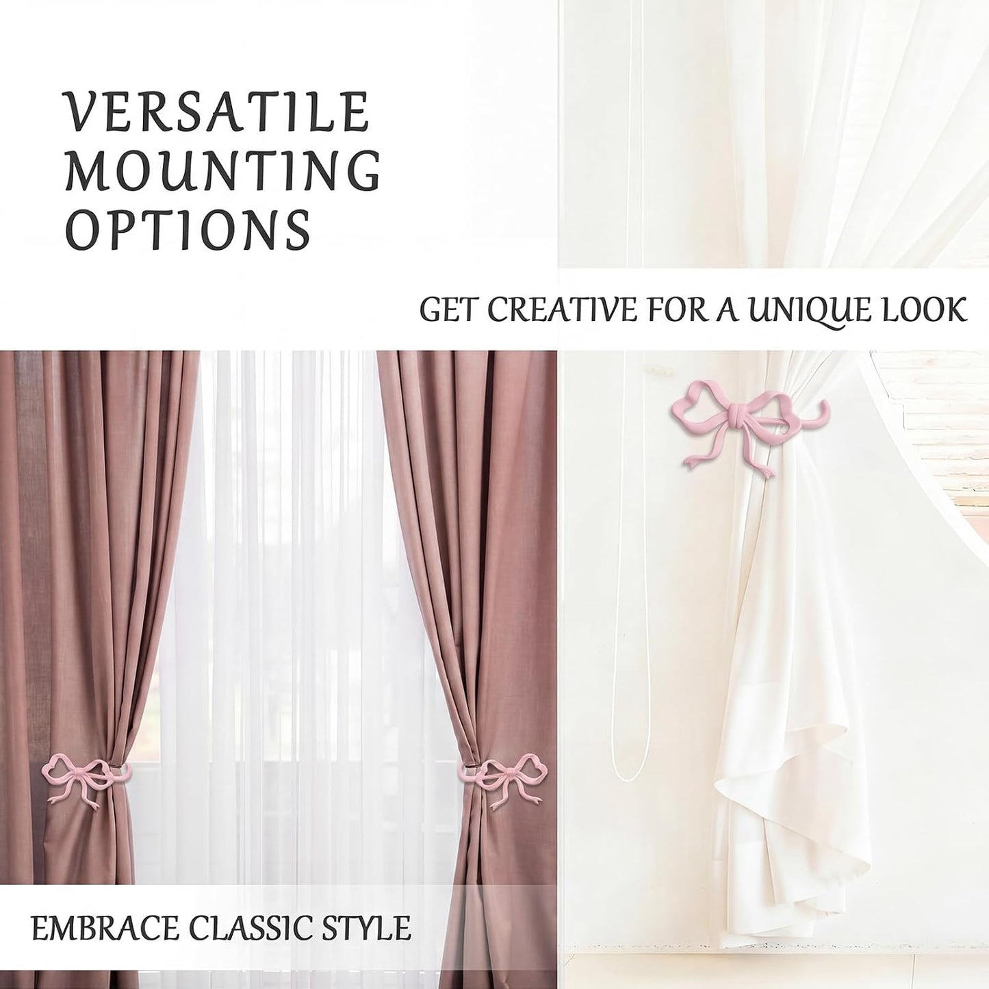 2 Pack Pink Metal Bow Curtain Holdbacks Wall Mounted Curtain Hold Backs Curtains Modern Tiebacks Decorative Window Drapery Tiebacks with Bow Finials for Living Room Bedroom Office Home