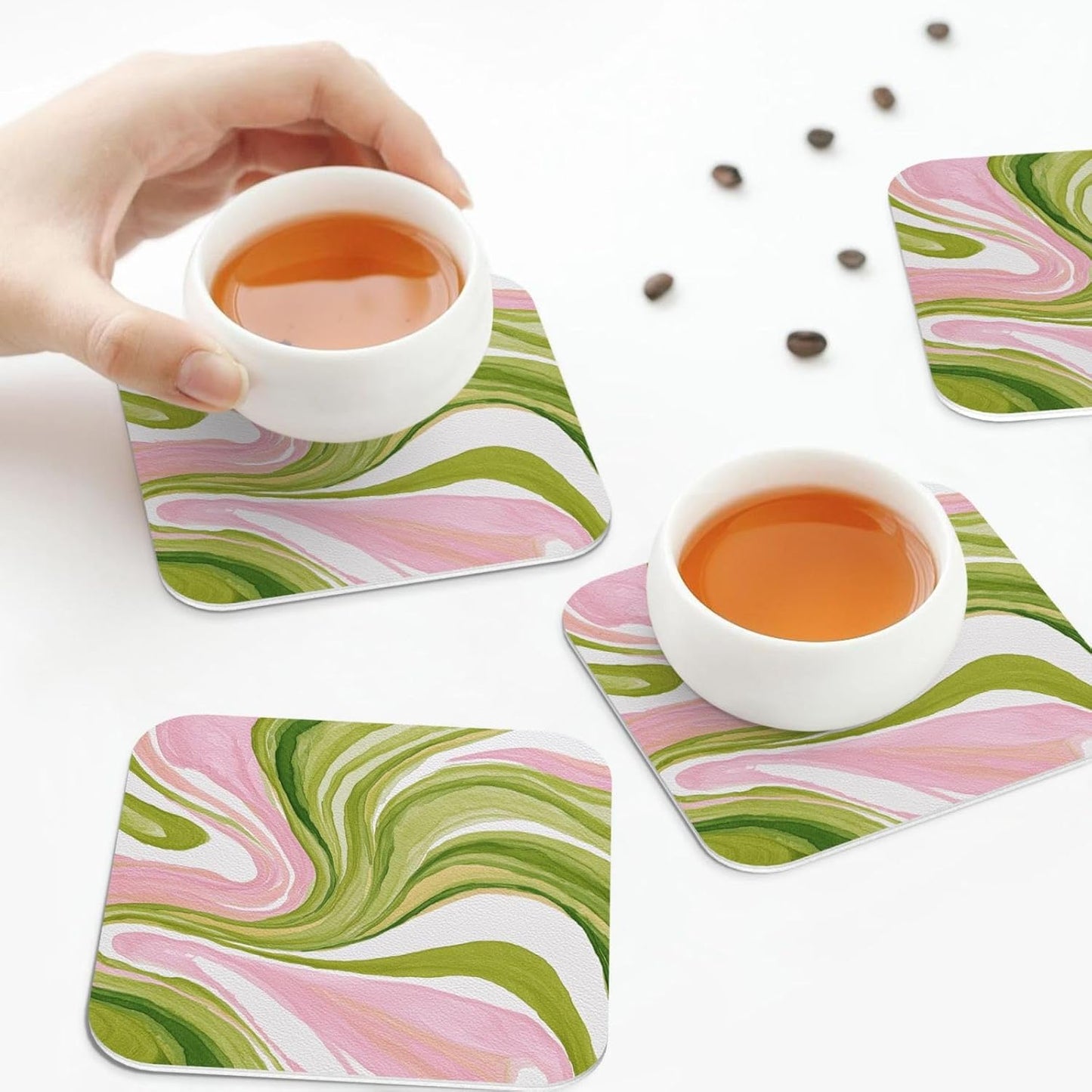 Watercolor Light Pink Green Swirl Marble Drinks Coasters Set of 4 Leather Drink Coasters for Tabletop Protection Heat Resistant Bar Cup Mat Pad