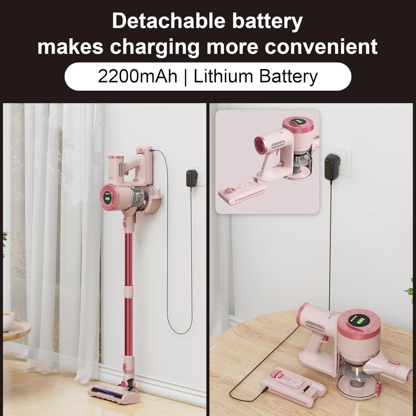 BUTY BULU Cordless Stick Vacuum Cleaner, 30KPa Handheld Rechargeable Battery Lightweight Small Pink Vac Electirc Broom, 40Mins Runtime for Home Hard Floor Carpet Pet Hair Cleaning, LED Screen