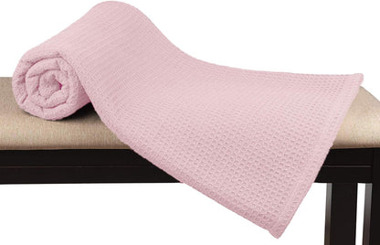 GLAMBURG 100% Cotton Thermal Blanket, Breathable Waffle Blanket, Queen Size, All Season, Baby Pink