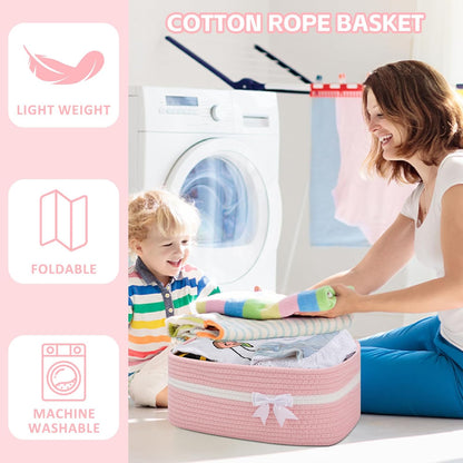 OIAHOMY Large Woven Storage Basket with Handles for Nursery Living Room Shelves, Bow Basket for Gifts Empty with Gift Bags and Ribbons for Baby Showers Pet Toy Bin - Pink