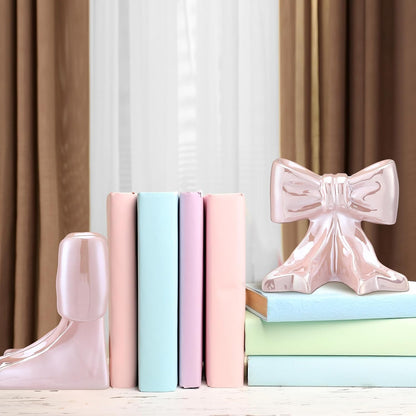 Leinuosen 2 Pcs Pink Bow Bookends Ceramic Cute Book Ends Decorative Book Stand Bow Sculpture Statues Tabletop Shelf Ornament Room Decor for Home Office School Dorm Girl Desk