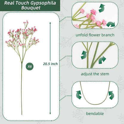Pink Babys Breath Artificial Flowers, 6 Bunches UV Resistant Fake Flowers for Vase, 20.5 Inch Real Touch Gypsophila Bouquet Faux Babys Breath for Home Party, Table Centerpieces, Floral Arrangements