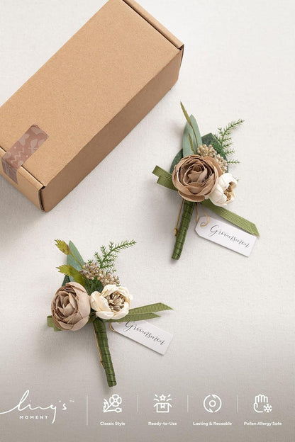 Ling's moment Boutonniere for Men, 2pcs Groom Groomsmen Guest Boutonniere, Artificial Flowers for Wedding/Prom/Homecoming, etc.Soft Peach Brown