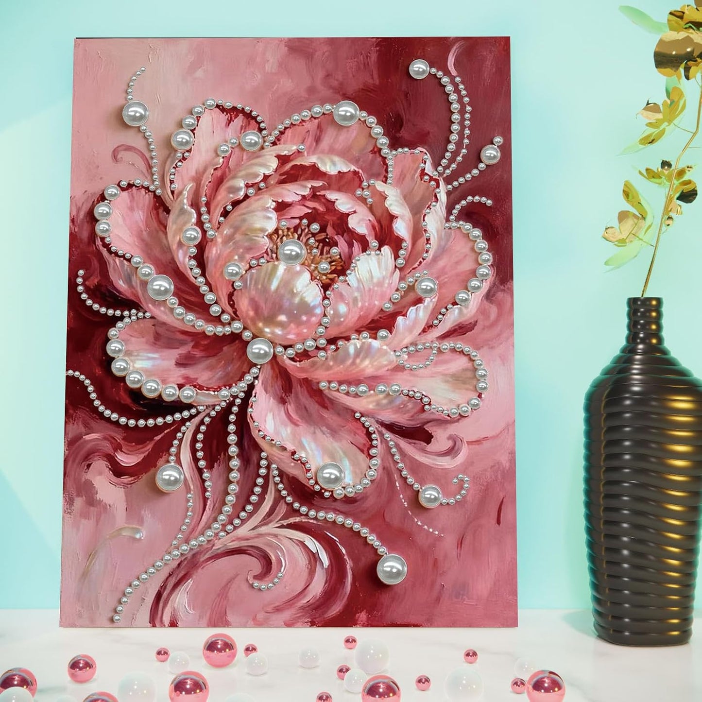 DIY Diamond Pearl Painting Kit for Adults, Beginner Friendly Craft Kits with Frame 30x40cm,Home Decor Housewarming Gift, Diamond Dots Beads Canvas Art for Wall Decor(Pink Flower)