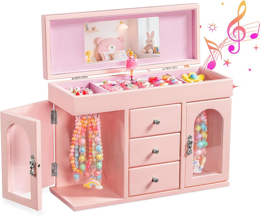 Musical Jewelry Box for Girls, Large Wooden Kids Jewelry Organizer with Spinning Ballerina & Mirror, 5-Layer Storage with Drawers & Side Doors, Pink Jewelry Box for Girls Birthday Christmas & gifts