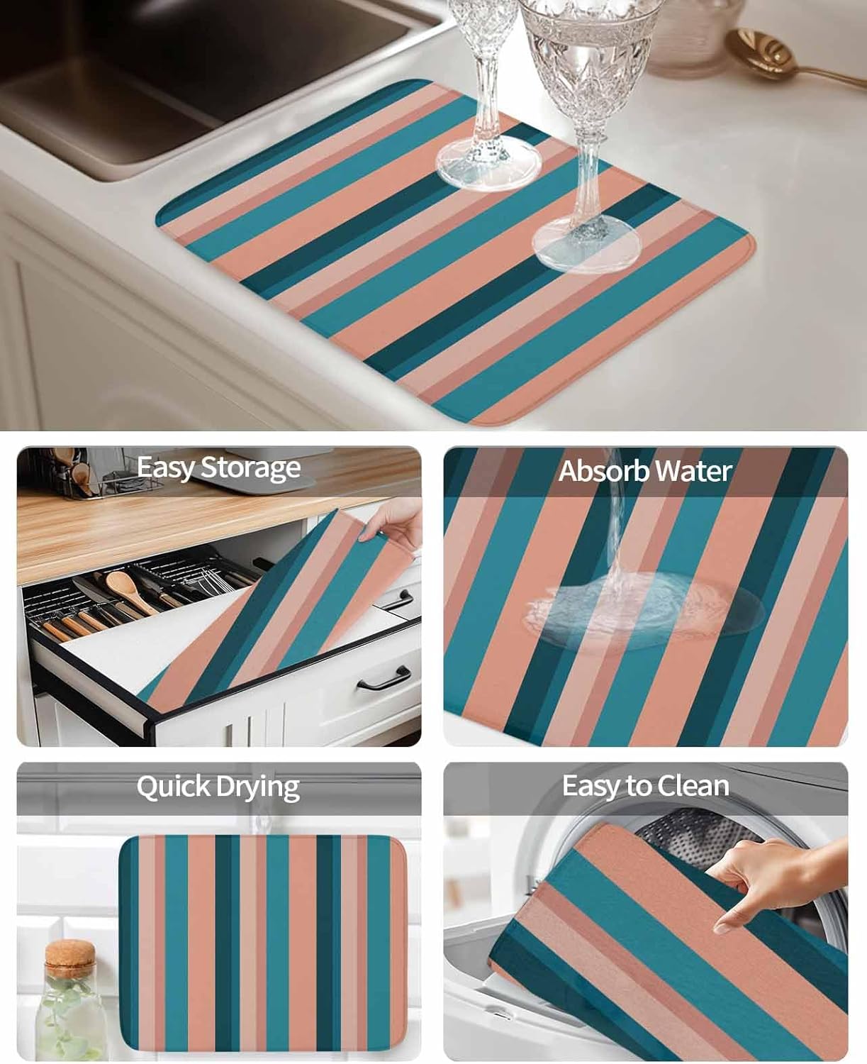 Dish Drying Mat Light Blue Pink Stripes Absorbent Dish Drying Mat Pad for Kitchen Countertops,Sinks,Dish Drainer Racks Geometric Vertical Striped Dish Drying Pad 18x24in