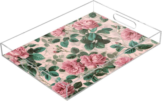 Pink Vintage Roses with Leaves 15.7 x 11.8 in Acrylic Serving Decorative Tray with Handles 1 Pcs Large Plastic Food Snack Trays Coffee Table Tray for Kitchen Bed Bathroom Breakfast Eating