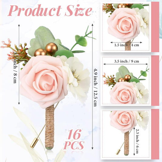 Crowye 16 Pcs Boutonniere for Men Wedding with Pins Set Groom and Groomsmen Ceremony Anniversary Corsage Wedding Flowers Artificial Bouquets for Formal Dinner Party Fall Vintage Prom (Blush Pink)