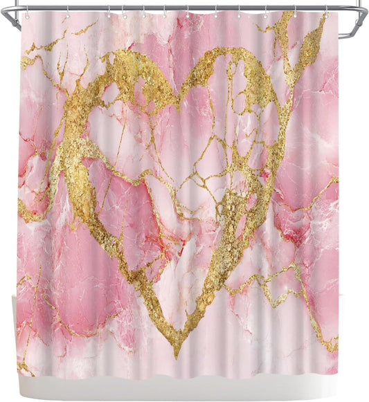 WELMECO Marble Shower Curtain, Modern Abstract Gold Heart Bathroom Decor Polyester Fabric 72x72inch Bathroom Curtain with Hooks (Pink)