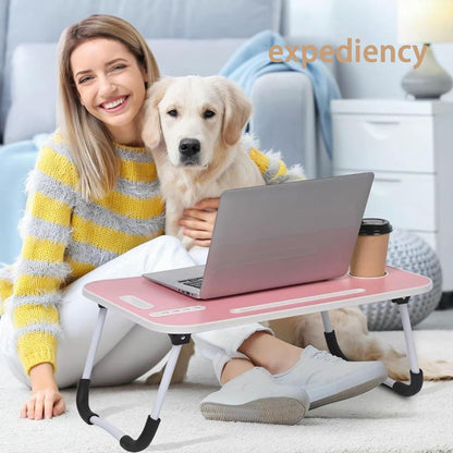 Foldable Laptop Table for Bed - Portable Adjustable Desk with Cup Holder,USB Charging Ports & Storage Drawer - Multi-Function Laptop Tray for Sofa,Floor & Outdoor Use (Pink)