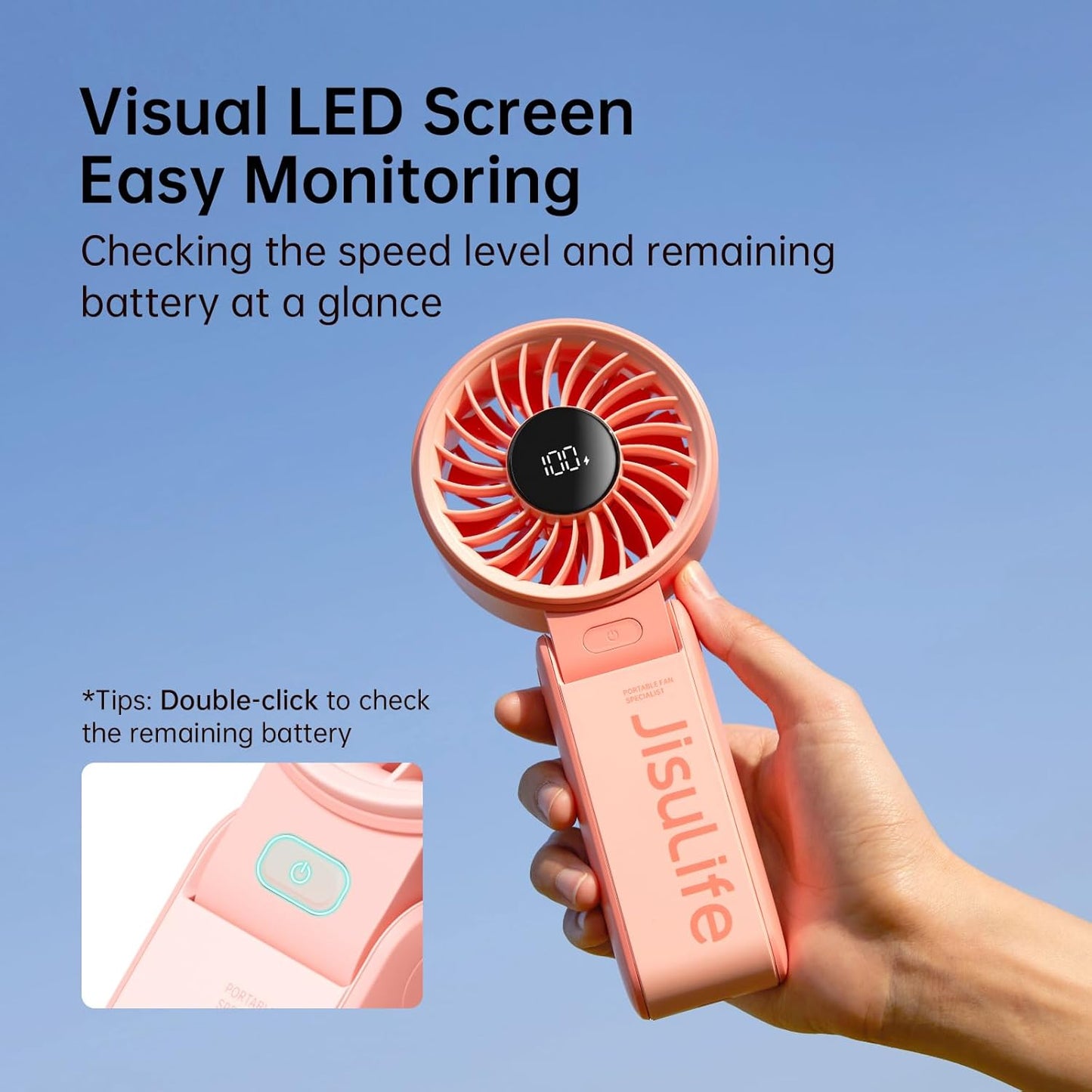 JISULIFE Handheld Fan Life7 – Ultimate Flexibility: Wide & Strong Airflow, 13H Max Cooling, 3600mAh Rechargeable, 5-Speed, LED Display, 3 IN 1 Portable Fan for Travel, Concerts, Sports Events(Pink)