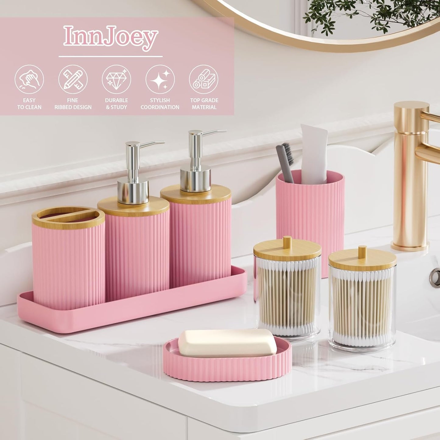 10PC Bathroom Accessories Set - Pink and Wooden Bathroom Sets, Bathroom Accessory Set with Pop Up Trash Can, Toilet Brush, Trash Can, Qtip Holder & Soap Dispenser