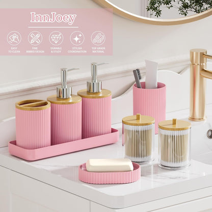 10PC Bathroom Accessories Set - Pink and Wooden Bathroom Sets, Bathroom Accessory Set with Pop Up Trash Can, Toilet Brush, Trash Can, Qtip Holder & Soap Dispenser
