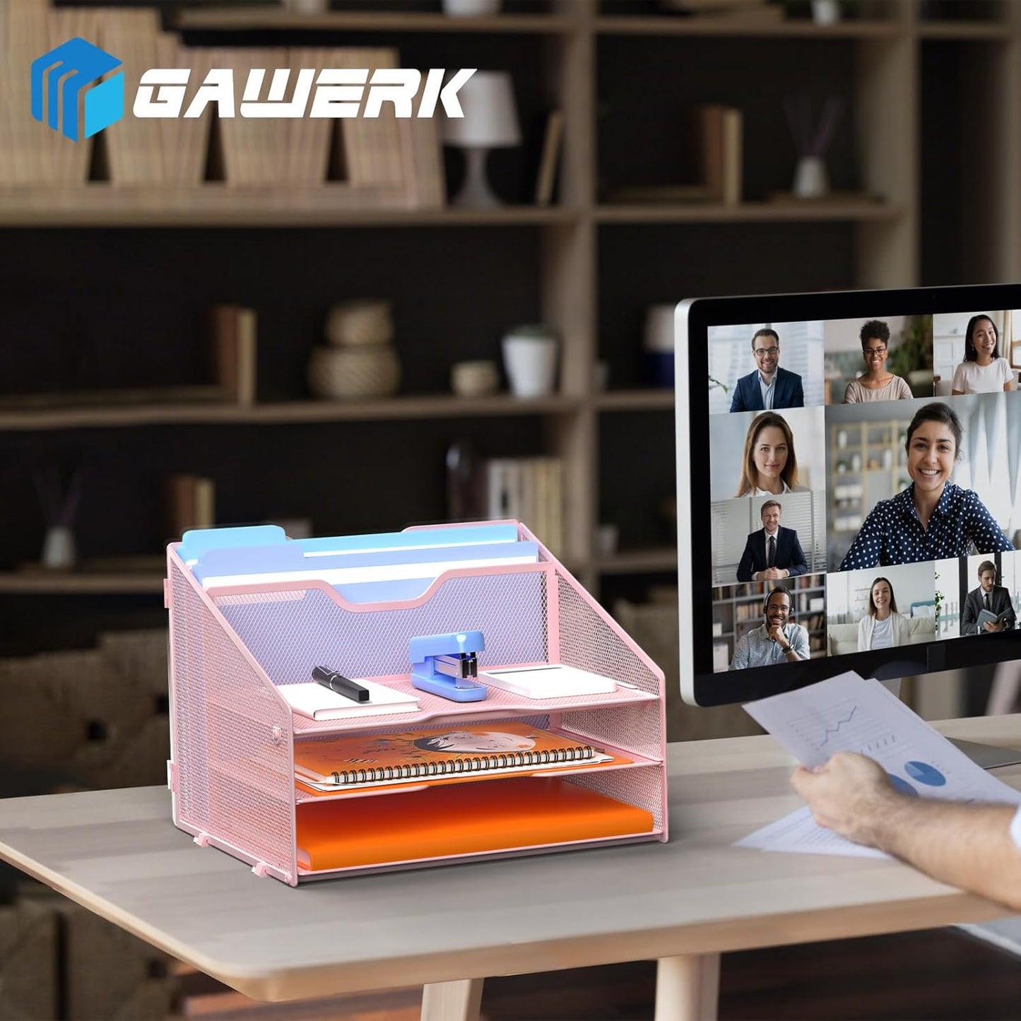 GAWERK Letter Tray Organizer, Mesh Desk File Organizer with 3 Paper Trays and 2 Vertical Upright Section (Pink)