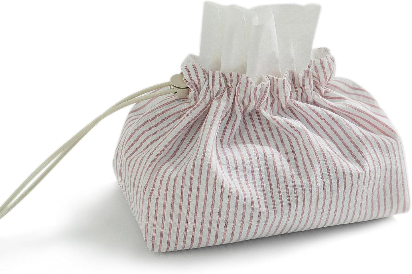 Fabric Tissue Box Cover with Handle, Pink Striped Cotton Tissue Holder for Home, Office, Bedroom, Car – Decorative Washable Tissue Case