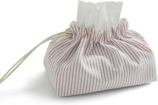Fabric Tissue Box Cover with Handle, Pink Striped Cotton Tissue Holder for Home, Office, Bedroom, Car – Decorative Washable Tissue Case