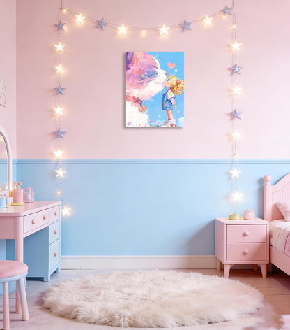 12x16 Giant Pink Cat Kissing Little Girl Canvas Wall Art - Cute Whimsical Kids Kawaii Girl Cat Poster, Pastel Dreamy Nursery Wall Decor, Framed Cartoon Animal Artwork for Bedroom Bathroom Living Room