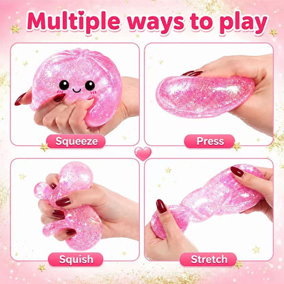 Dumpling Squishies, Glitter Dumpling Mystery Box, Fidget Sensory Toy for Adults,Colorful Dumplings Stress Balls with Food Steamer,Stretchy Desk Toys (Glitter Pink)