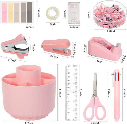 Pink Desk Accessories, 11Pcs Desk Organizer with 360°Rotating Pen Holder, Stapler, Staples, Staple Remover, Pen, Ruler, Tape Dispenser, Tape, Clips, Scissor, Notes, Office Supplies